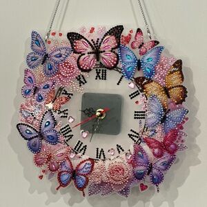 Handmade Diamond Art - Butterfly Wall Clock with Multicolor Design